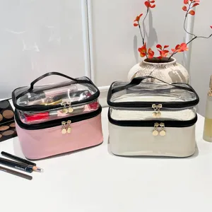 Borsa da Trucco in PVC Trasparente a Doppio Strato Impermeabile Organizzatore da Viaggio per Lavaggio Portatile di Grande Capacità