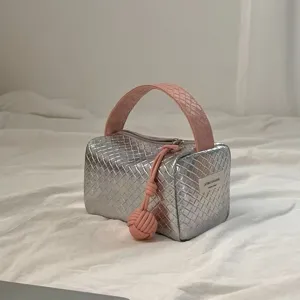Gewebte Patchwork Kosmetiktasche Tragbare Kulturbeutel Handtasche Metallisch Kunstleder Aufbewahrungsbeutel Silber Rosa Für Damen Reise Alltag