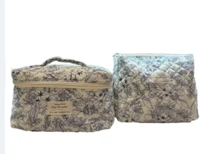Close-up of floral quilted cotton cosmetic bag set featuring a vanity case and pouch