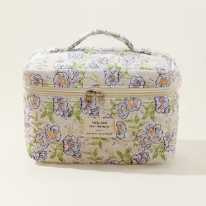 Portable quilted cotton cosmetic bag featuring blue floral prints and a top handle