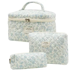 Set of three blue floral quilted cotton cosmetic bags and travel toiletry pouches