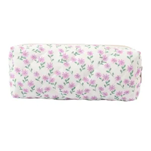 Detailed side view of a white floral quilted cotton cosmetic bag with purple patterns