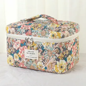 Close-up of a quilted floral cotton cosmetic bag with handle and label detail