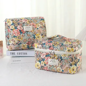 Elegant floral cotton quilted cosmetic bag and toiletry case set for travel storage