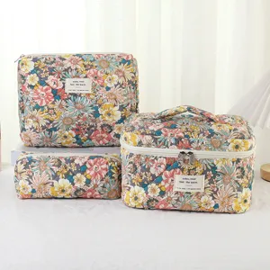 Detail shot of a three-piece floral quilted cotton makeup and toiletry bag set