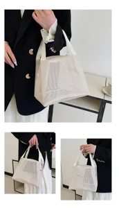Multi-angle details of the breathable beige nylon mesh storage bag with handles.