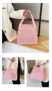 Close-up views of a pink nylon mesh storage bag for makeup, toiletries, and beach travel
