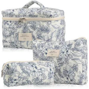 Floral quilted cotton makeup bag set, 3-piece blue flower toiletry organizer bags