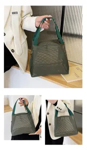 Detail of green nylon mesh cosmetic bag showing the breathable fabric texture