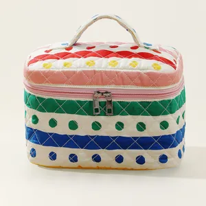 Cute quilted cotton cosmetic bag with colorful polka dots and rainbow stripes organizer