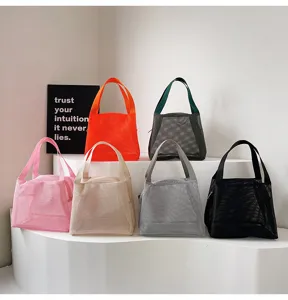 Collection of vibrant nylon mesh storage bags for toiletries and beach essentials