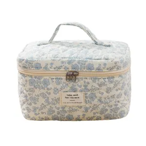 Elegant floral quilted cotton makeup bag portable travel toiletry storage case with handle
