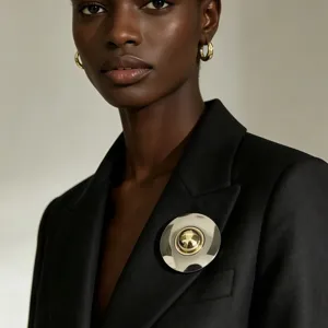 Detail shot of a two-tone mirror finish gold and silver round brooch on a black blazer.