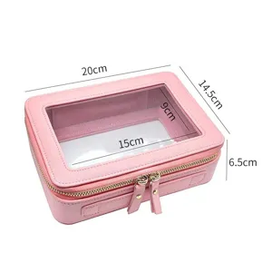 Maßdiagramm einer rosa PU-Kosmetiktasche mit transparentem Fenster, 20x14,5x6,5 cm