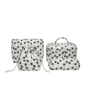Elegant 4-piece vintage black rose floral quilted cotton cosmetic bag set for travel