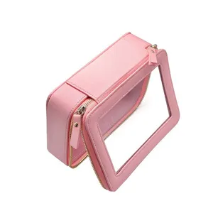 Detailansicht der rosa PU-Make-up-Tasche mit transparentem Fenster für die Reise