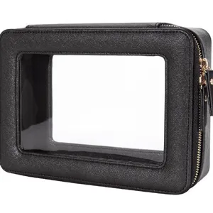 Schwarze PU-Kosmetiktasche mit transparentem Fenster für Reisen und Aufbewahrung