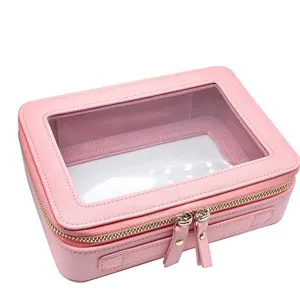 Rosa transparente Kosmetiktasche aus PU-Leder mit Sichtfenster und Goldreißverschluss