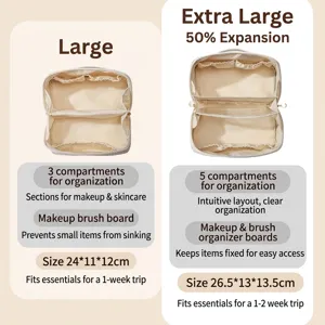 Comparison of large and extra-large travel cosmetic bags with multi-compartments.