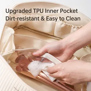 Large cream portable cosmetic bag featuring waterproof TPU inner storage pocket