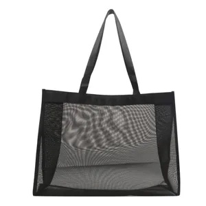 Bolso tote de malla negra minimalista de gran capacidad para playa y compras de verano