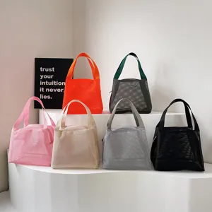 Portable Nylon Mesh Cosmetic Bag Breathable Handheld Wash Bag For Travel Bathroom Beach Women Multi Color Storage Organizer