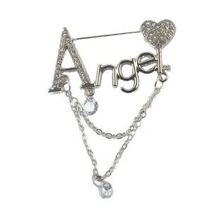 Detailansicht der silbernen Angel-Brosche mit Kristall-Strass und Quastenketten
