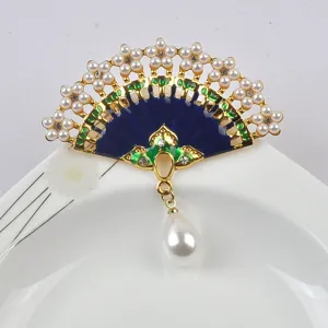 Exquisite Chinese-style fan brooch featuring blue enamel coating and teardrop pearl detail