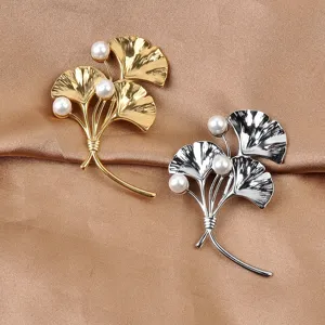 Elegante Ginkgoblatt-Broschen aus Edelstahl in Gold und Silber mit Perlenverzierung