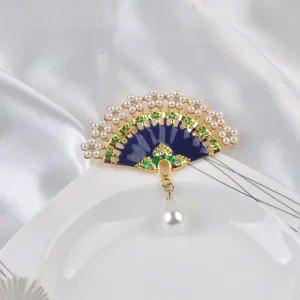 Vintage Chinese Style Fan Shaped Brooch Faux Enamel Rhinestone Artificial Pearl Scarf Clip For Women Metal Jewelry Accessory
