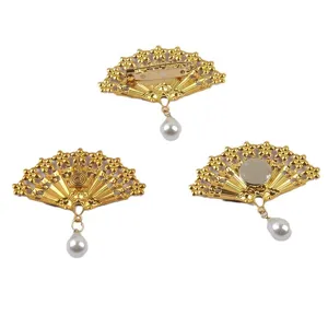 Gold vintage Chinese style fan-shaped brooch and scarf clip with elegant pearl dangle