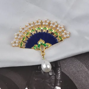 Vintage Chinese fan brooch with blue enamel and drop pearl, elegant scarf buckle accessory