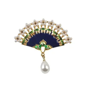 Elegant Chinese style fan brooch with blue enamel and white pearl pendant decor