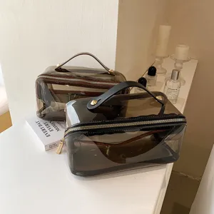 Large capacity transparent brown travel cosmetic bags with elegant gold zipper and handles