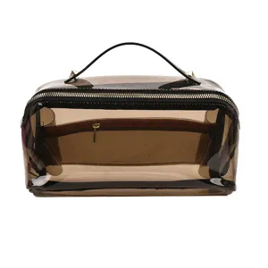 Large capacity transparent amber brown PVC cosmetic travel bag with handle and gold zipper