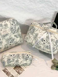 Large Capacity Floral Print Quilted Cotton Cosmetic Bag Cute Flower Pattern Travel Toiletry Organizer Makeup Storage Pouch For Women