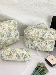 Floral quilted cotton cosmetic bag set including train case and pouches for travel