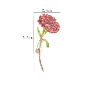 Elegant red enamel carnation flower brooch pin with 2.4cm and 5.5cm size measurements.