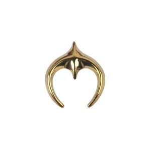 Macro detail of a golden star-moon shaped stainless steel brooch with polished finish.