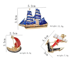 Detailed size and weight information for navy style enamel brooches with ship and anchor motifs