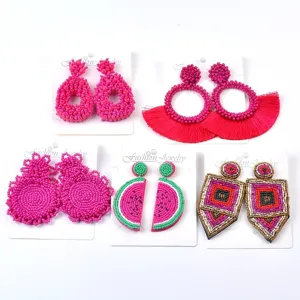 Orecchini Bohemién in Perline Rosa Acceso Fatti a Mano Anguria Geometrici Nappine Stile Etnico Orecchini per Donna Gioielli Regalo