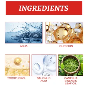 Detaillierte Produktinhaltsstoff-Präsentation mit Wasser, Glycerin, Tocopherol und Salicylsäure.