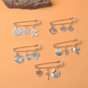Vintage Legierung Sicherheitsnadel Brosche Für Kleidung Hut Dekoration Antiksilber Lebensbaum Herz Kreuz Charms Schmuck Geschenk