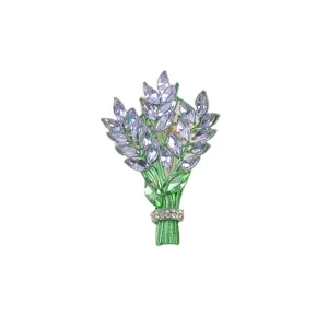 Eleganter Lavendelstrauß-Brosche mit funkelnden lila Kristallen und grüner Emaille-Blume