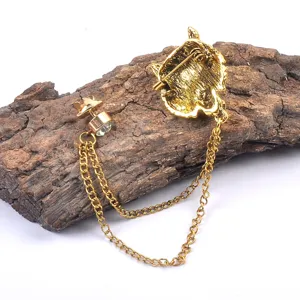 Vintage goldener Tierkopf-Brosche mit Doppelketten und klarem Kristall