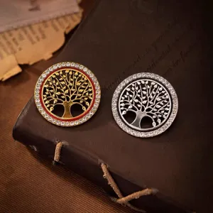 Broche Arbre de Vie en Alliage Vintage Incrustée de Strass Épingle de Revers Ronde Antique pour Costume Mariage Bijoux