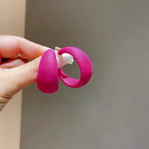 Detaillierte Nahaufnahme von leuchtend rosa matten Bonbonfarbenen Creolen in der Hand gehalten