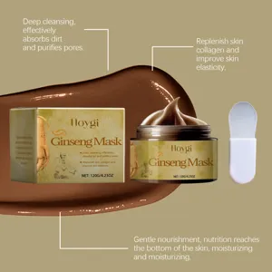 Maschera peel-off al ginseng Hoygi dettaglio con consistenza barattolo confezione e spatola.