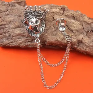 Vintage Silber Löwenkopf Brosche mit Krone und hängender Kette für Herren