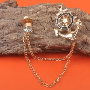 Vintage Nautik-Brosche Gold Anker und Steuerrad mit Doppelketten für Herrenmäntel